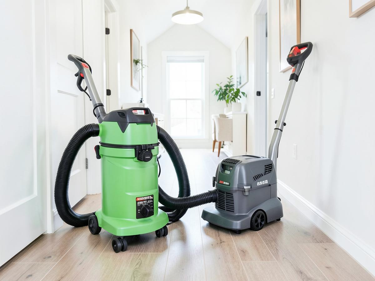 Portable duct cleaning vacuum and air mover staged in a home hallway before a Richmond appointment