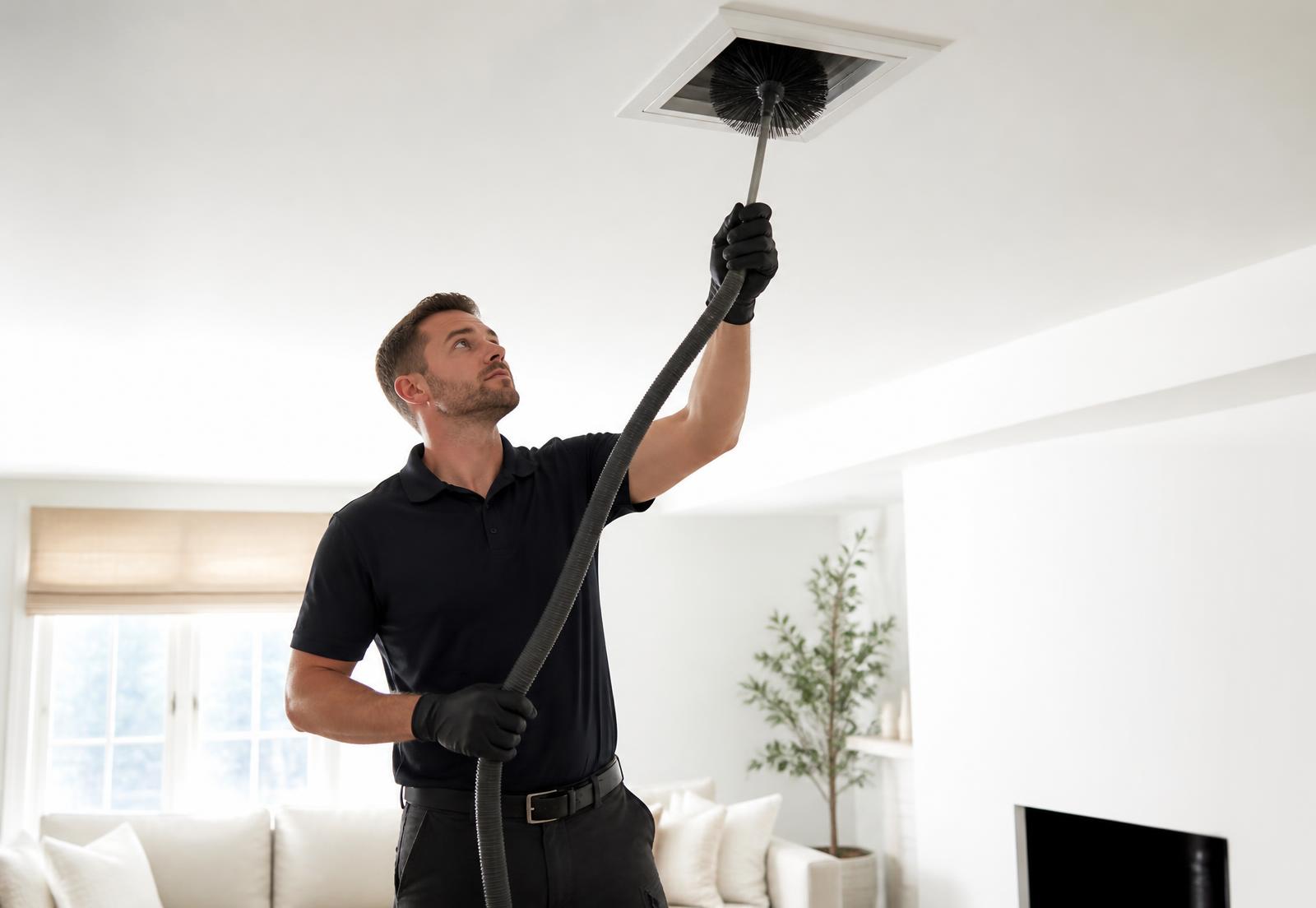 Technician cleaning a ceiling air duct register with a brush and vacuum hose in a bright Richmond area home