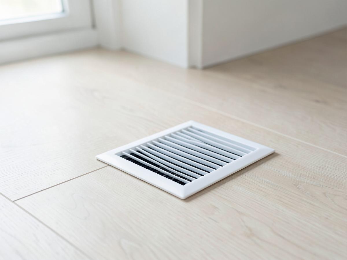 Clean white floor supply register on light wood flooring after vent and register cleaning